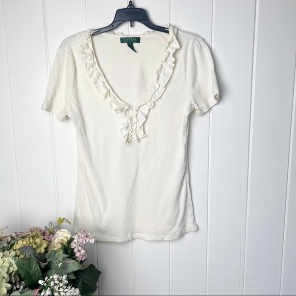 Ralph Lauren Short Sleeve Ruffle front Top - Picture 1 of 6